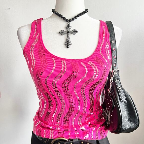 Pink Sequin Tank Top, 2000s, Fairy, Vacation, Ibiza, Small, Clubwear, Rave - Picture 2 of 4